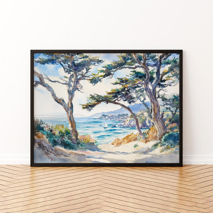 Monterey Bay California Watercolor Poster Monterey Travel Print Coastal City Painting Ocean Wall Art USA Decor Souvenir