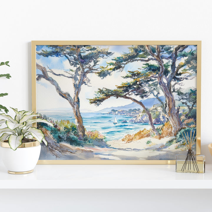 Monterey Bay California Watercolor Poster Monterey Travel Print Coastal City Painting Ocean Wall Art USA Decor Souvenir
