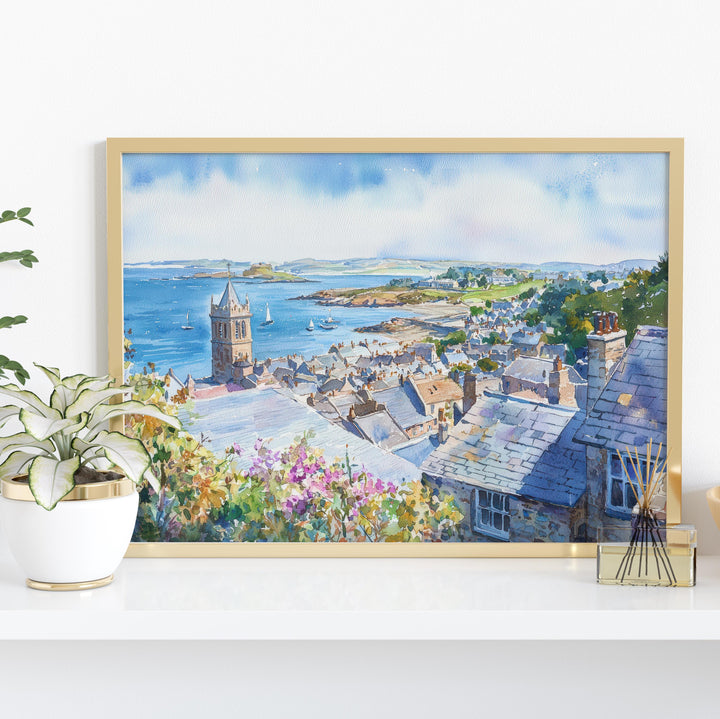 Marazion Cornwall Watercolor Poster Marazion Travel Print Coastal Village Painting Seaside Wall Art UK Beach Decor Souvenir