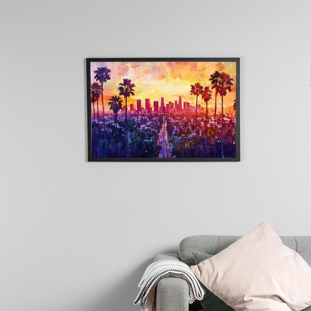 Los Angeles California Watercolor Poster Los Angeles Travel Print City Skyline Painting Palm Trees Wall Art USA Souvenir