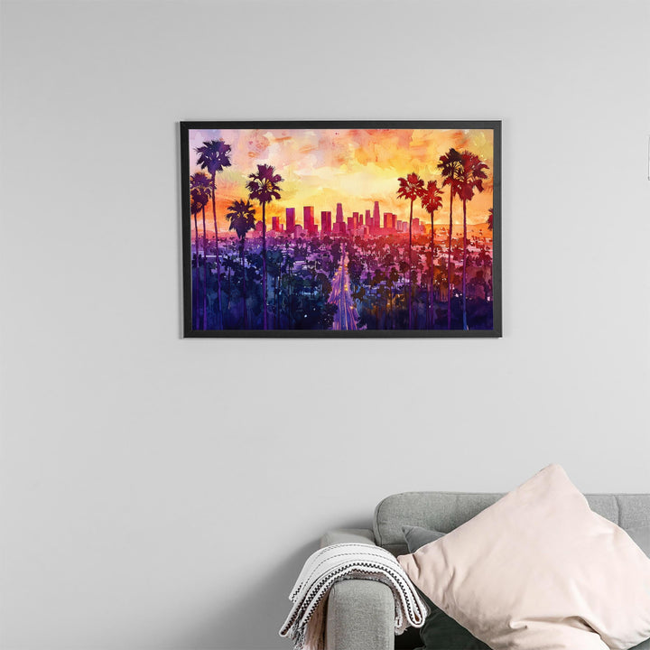 Los Angeles California Watercolor Poster Los Angeles Travel Print City Skyline Painting Palm Trees Wall Art USA Souvenir