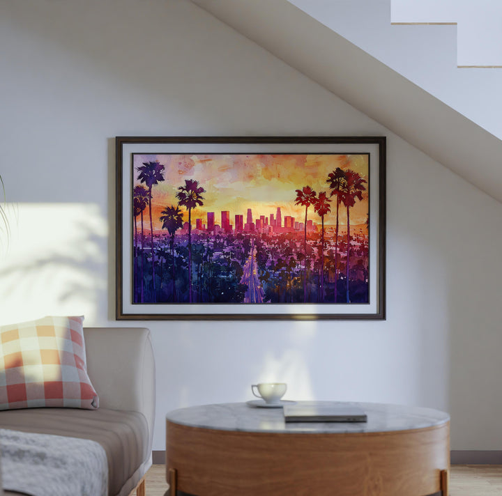 Los Angeles California Watercolor Poster Los Angeles Travel Print City Skyline Painting Palm Trees Wall Art USA Souvenir