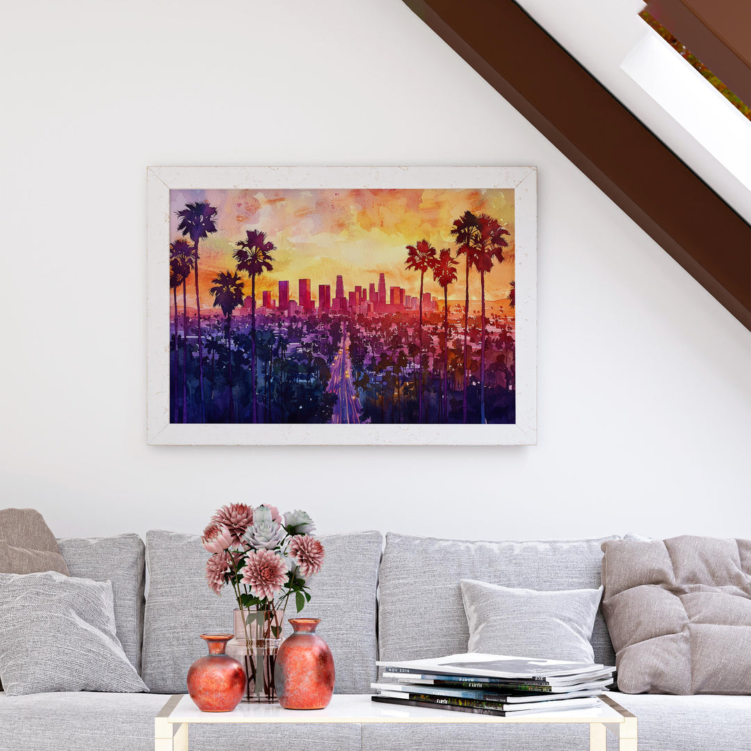 Los Angeles California Watercolor Poster Los Angeles Travel Print City Skyline Painting Palm Trees Wall Art USA Souvenir