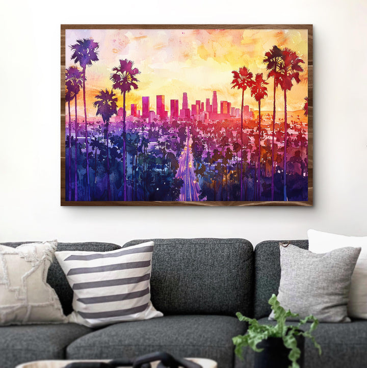 Los Angeles California Watercolor Poster Los Angeles Travel Print City Skyline Painting Palm Trees Wall Art USA Souvenir