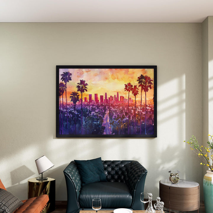 Los Angeles California Watercolor Poster Los Angeles Travel Print City Skyline Painting Palm Trees Wall Art USA Souvenir