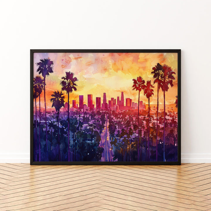 Los Angeles California Watercolor Poster Los Angeles Travel Print City Skyline Painting Palm Trees Wall Art USA Souvenir