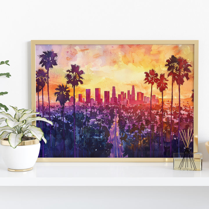 Los Angeles California Watercolor Poster Los Angeles Travel Print City Skyline Painting Palm Trees Wall Art USA Souvenir