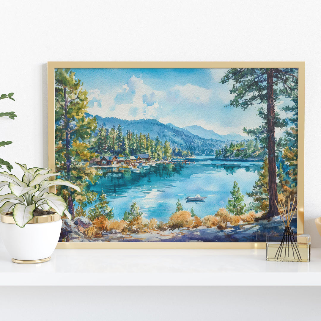 Lake Arrowhead California Watercolor Poster Lake Arrowhead Travel Print Mountain Lake Painting Nature Wall Art USA Souvenir