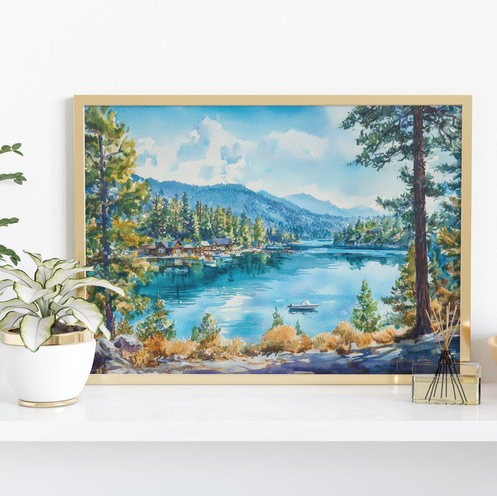 Lake Arrowhead California Watercolor Poster Lake Arrowhead Travel Print Mountain Lake Painting Nature Wall Art USA Souvenir