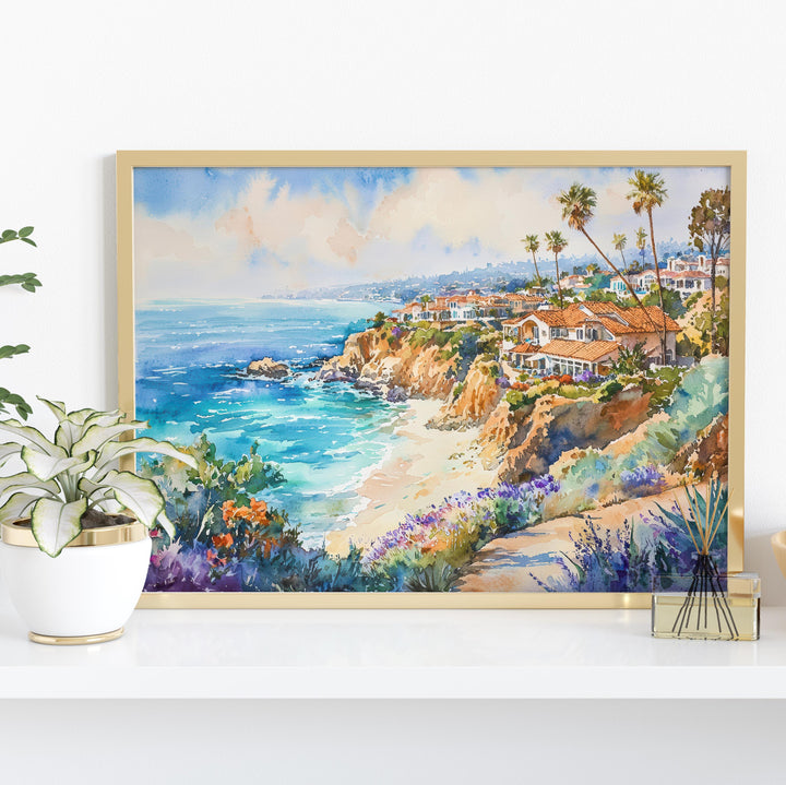 Laguna Beach California Watercolor Poster Laguna Travel Print Coastal City Painting Ocean Wall Art USA Decor Souvenir