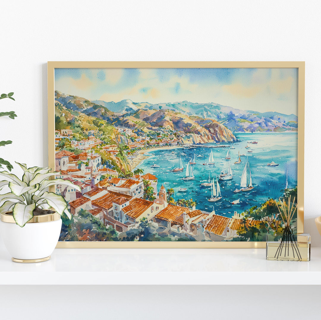 Catalina Island California Watercolor Poster Catalina Travel Print Coastal Town Painting Ocean Wall Art USA Decor Souvenir