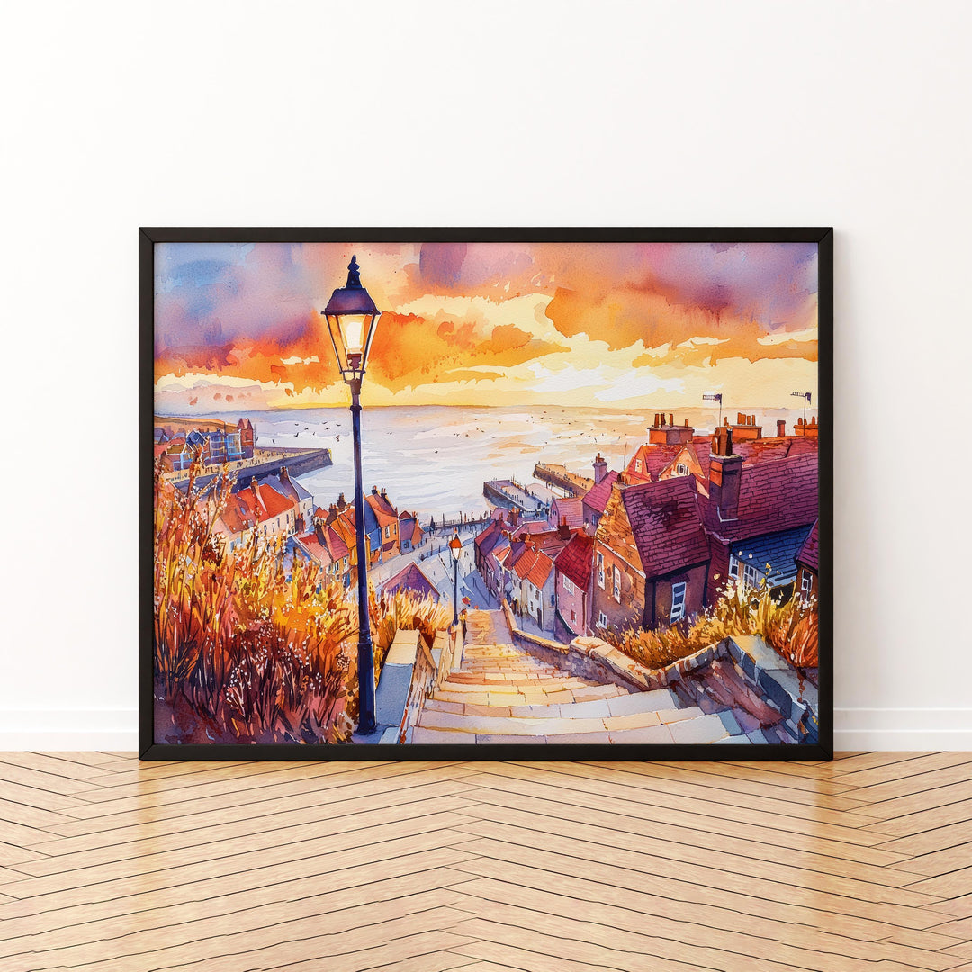 Whitby England Watercolor Poster Whitby Travel Print Coastal Town Painting Harbour Wall Art UK Seaside Decor Souvenir
