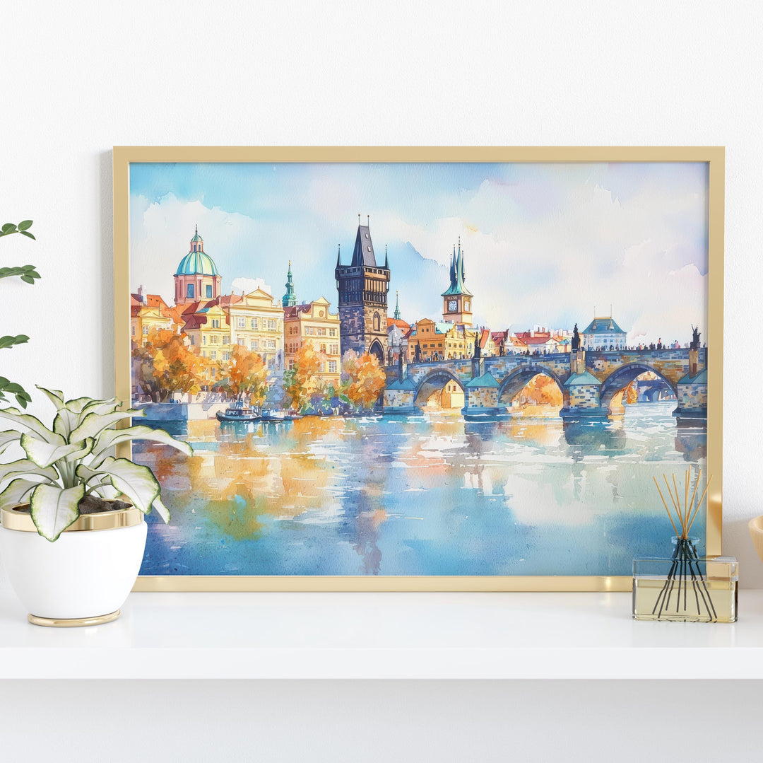 Prague Czech Republic Watercolor Poster Prague Travel Print Cityscape Painting Old Town Wall Art Europe Decor Souvenir