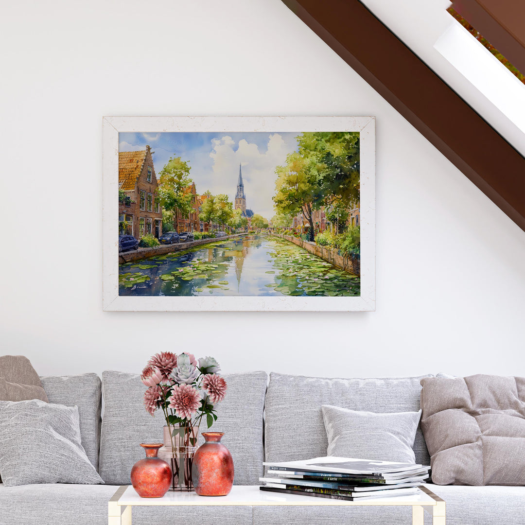 Delft Netherlands Watercolor Poster Delft Travel Print Canal City Painting Historic Town Wall Art Europe Decor Souvenir