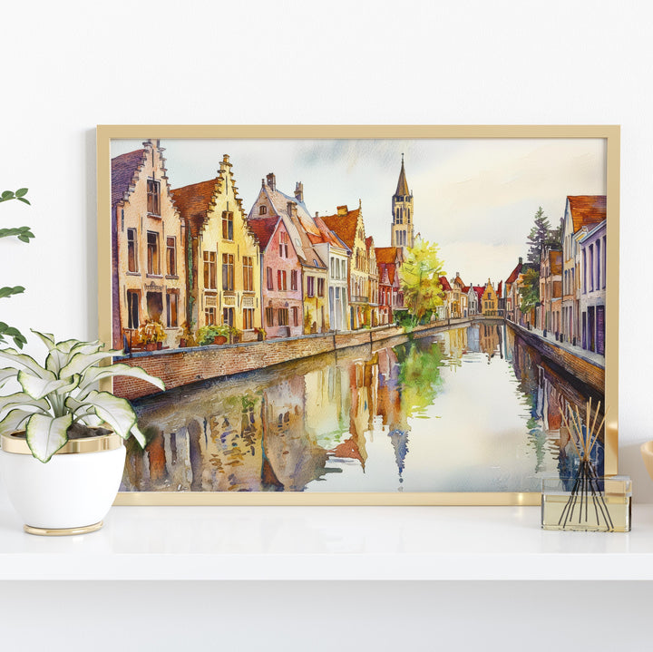 Bruges Belgium Watercolor Poster Bruges Travel Print Canal City Painting Historic Town Wall Art Europe Decor Souvenir