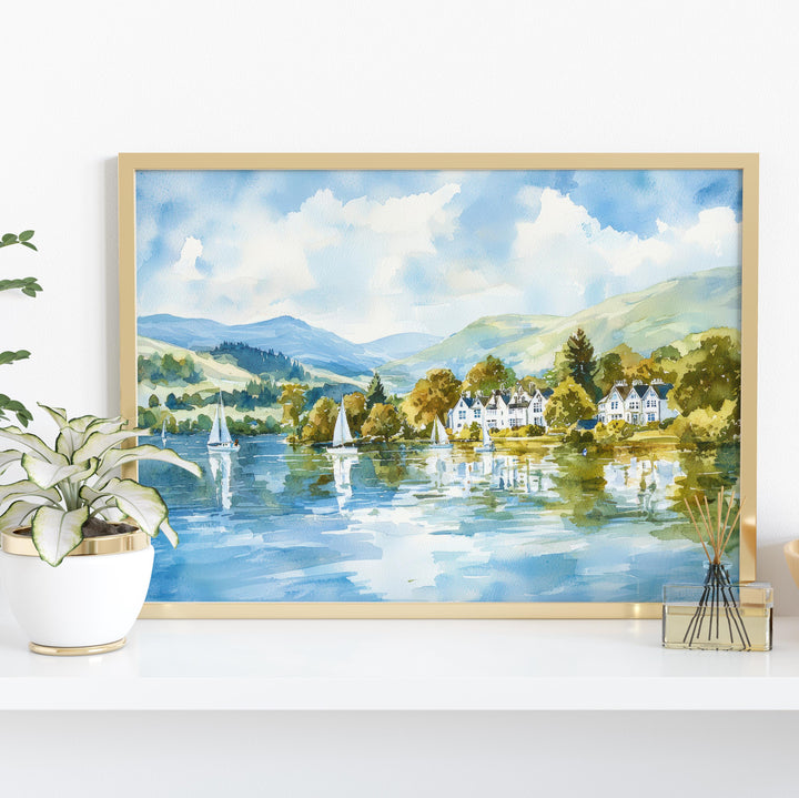 Windermere England Watercolor Poster Windermere Travel Print Lake District Painting Mountain Lake Wall Art UK Souvenir