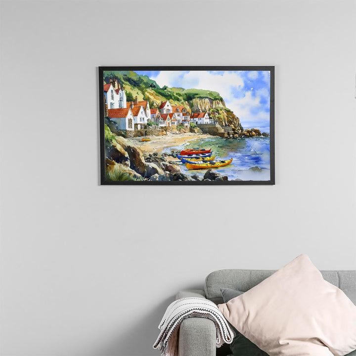 Runswick Bay England Watercolor Poster Runswick Bay Travel Print Yorkshire Coast Painting Seaside Wall Art UK Souvenir