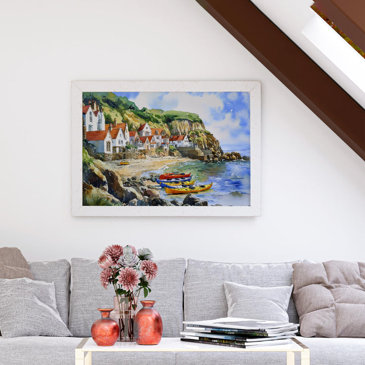 Runswick Bay England Watercolor Poster Runswick Bay Travel Print Yorkshire Coast Painting Seaside Wall Art UK Souvenir