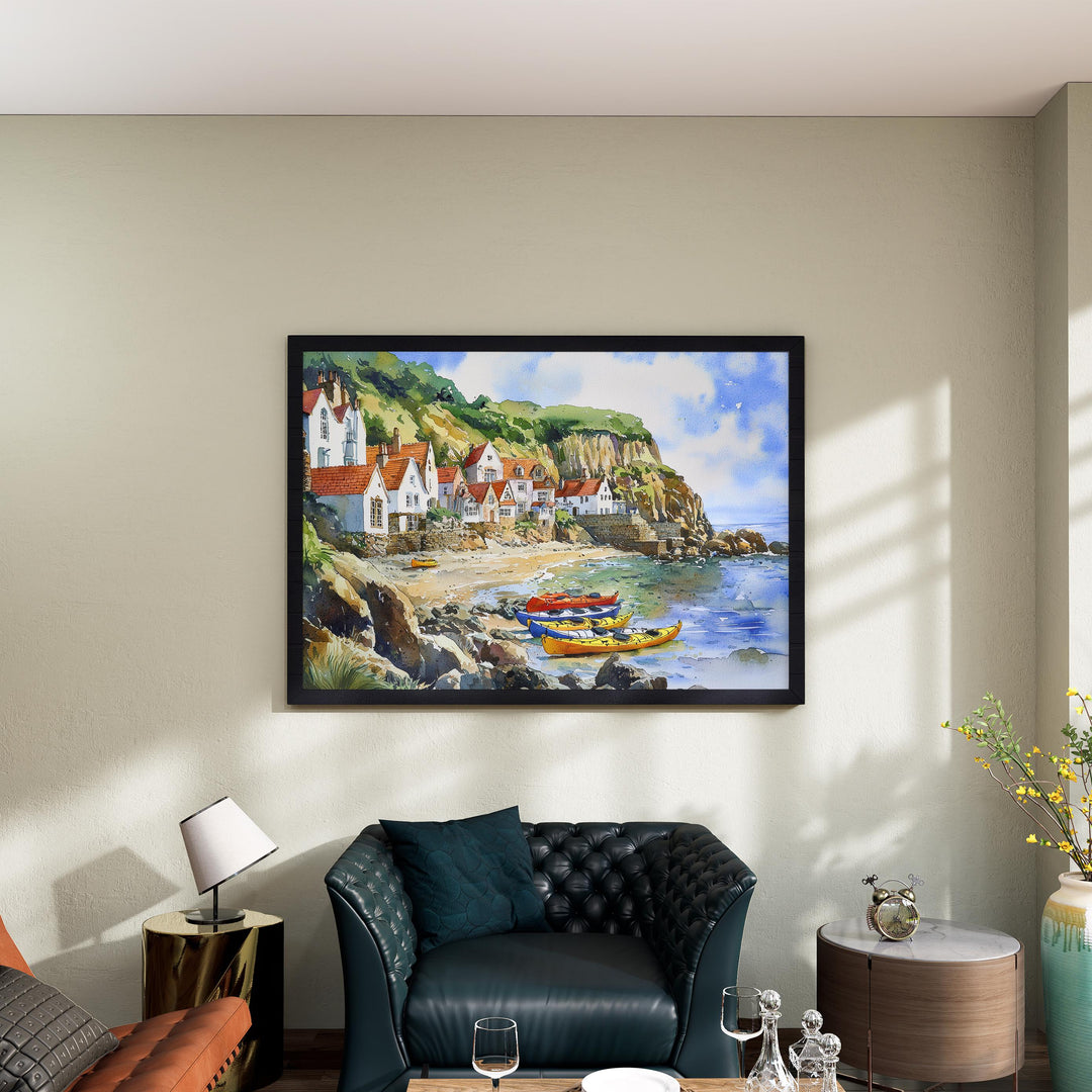 Runswick Bay England Watercolor Poster Runswick Bay Travel Print Yorkshire Coast Painting Seaside Wall Art UK Souvenir