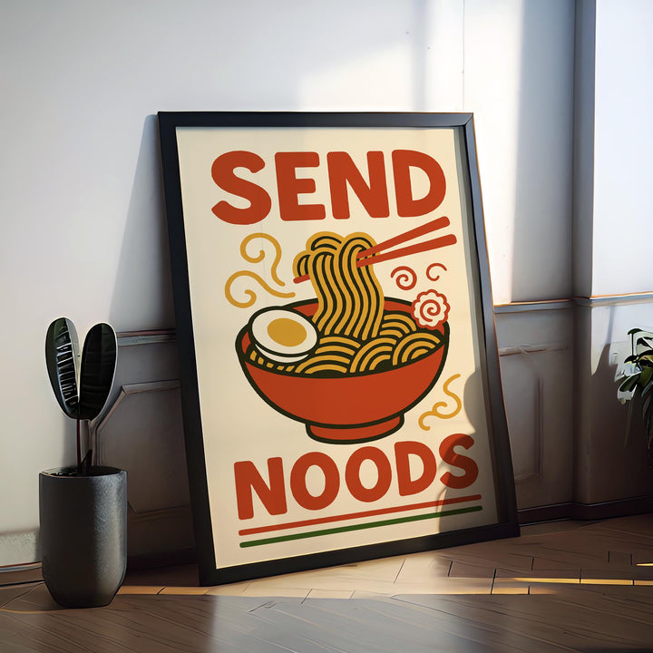 Send Noods Poster Funny Kitchen Wall Art Ramen Pun Print Quirky Food Artwork Asian Noodle Decor Gift for Food Lovers and Home Dining
