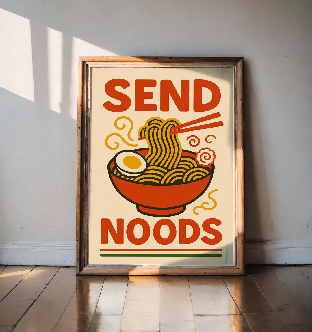 Send Noods Poster Funny Kitchen Wall Art Ramen Pun Print Quirky Food Artwork Asian Noodle Decor Gift for Food Lovers and Home Dining