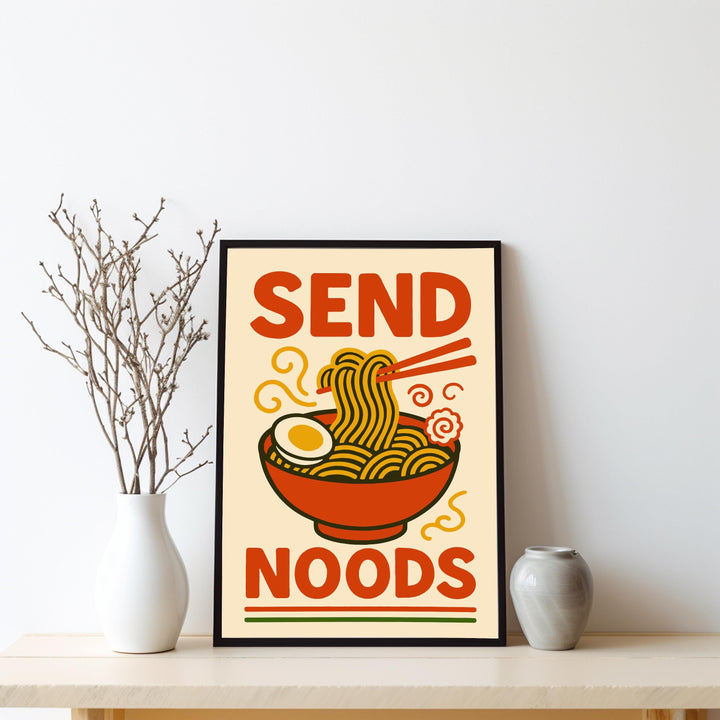 Send Noods Poster Funny Kitchen Wall Art Ramen Pun Print Quirky Food Artwork Asian Noodle Decor Gift for Food Lovers and Home Dining