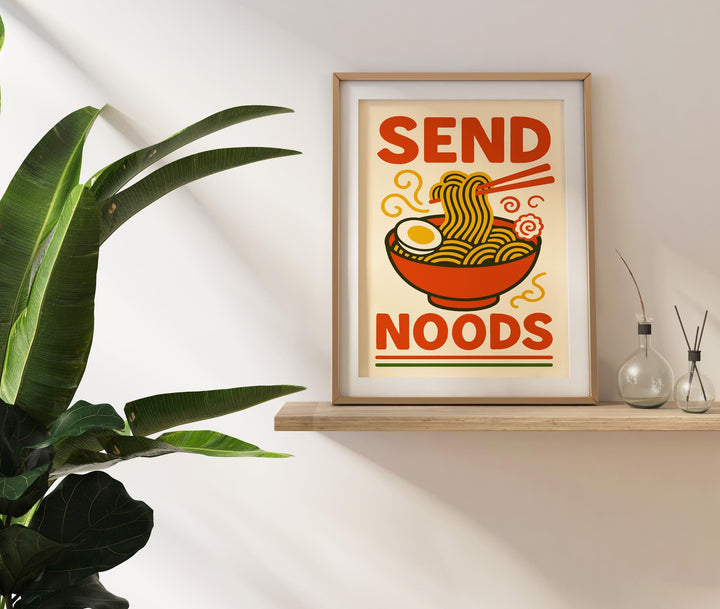 Send Noods Poster Funny Kitchen Wall Art Ramen Pun Print Quirky Food Artwork Asian Noodle Decor Gift for Food Lovers and Home Dining