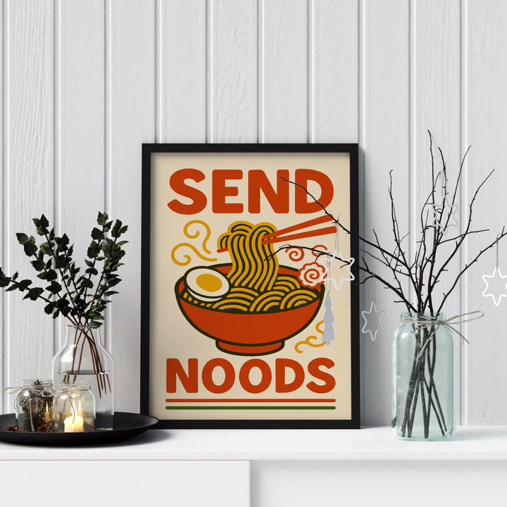 Send Noods Poster Funny Kitchen Wall Art Ramen Pun Print Quirky Food Artwork Asian Noodle Decor Gift for Food Lovers and Home Dining