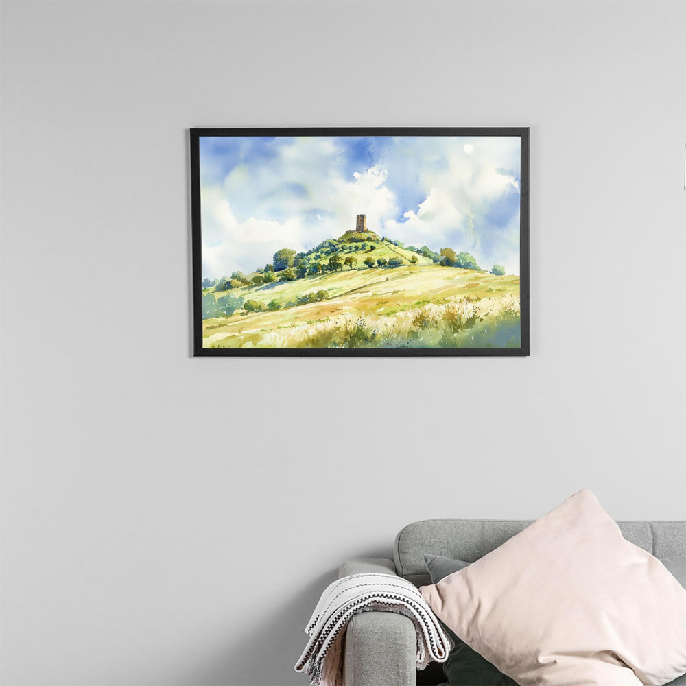 Glastonbury England Watercolor Poster Glastonbury Travel Print Somerset Town Painting Tor Hill Wall Art UK Souvenir