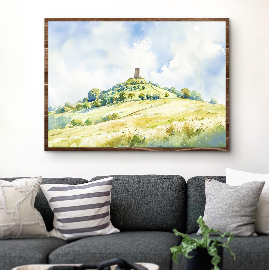 Glastonbury England Watercolor Poster Glastonbury Travel Print Somerset Town Painting Tor Hill Wall Art UK Souvenir