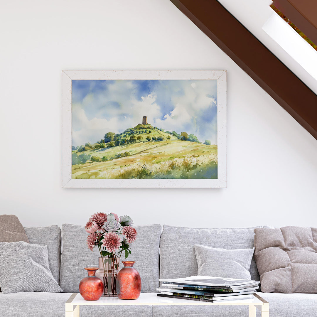 Glastonbury England Watercolor Poster Glastonbury Travel Print Somerset Town Painting Tor Hill Wall Art UK Souvenir