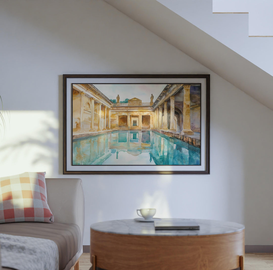 Roman Baths England Watercolor Poster Bath Travel Print Historic Landmark Painting Architecture Wall Art UK Souvenir