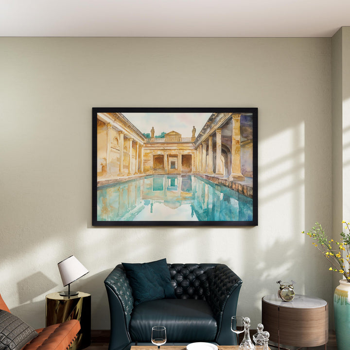 Roman Baths England Watercolor Poster Bath Travel Print Historic Landmark Painting Architecture Wall Art UK Souvenir