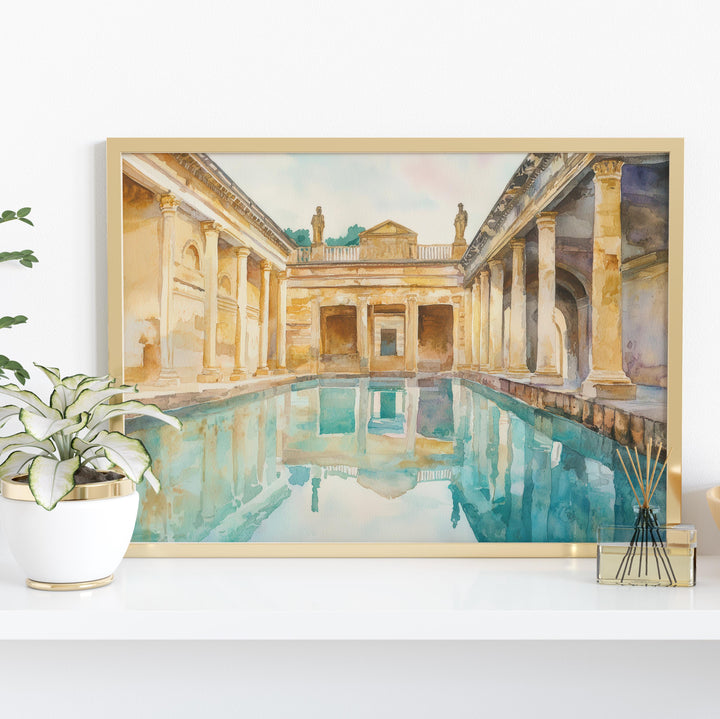 Roman Baths England Watercolor Poster Bath Travel Print Historic Landmark Painting Architecture Wall Art UK Souvenir