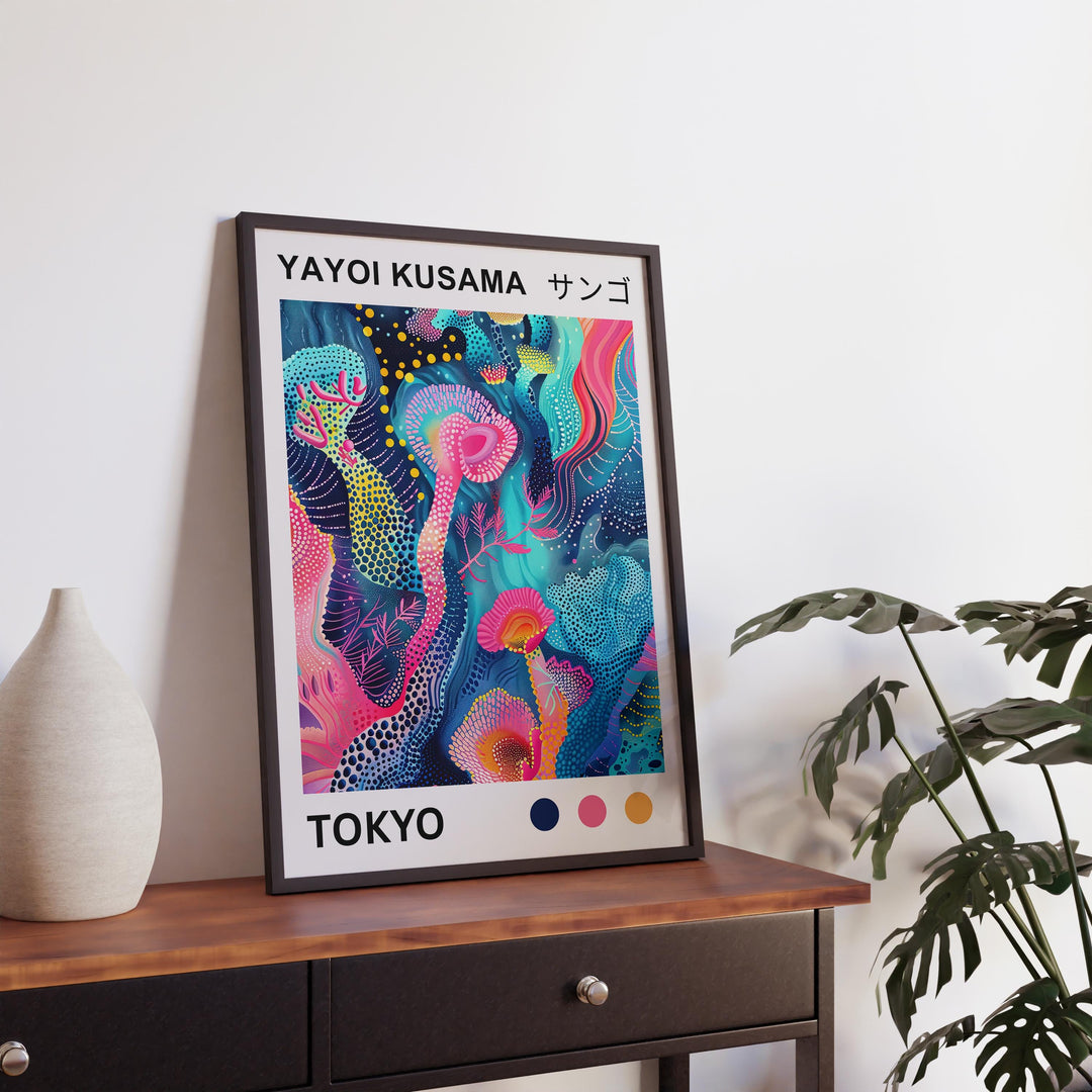 Yayoi Kusama Mushroom Poster Modern Pop Art Print Japanese Abstract Nature Decor Polka Dot Fungi Artwork Bold Contemporary Wall Design