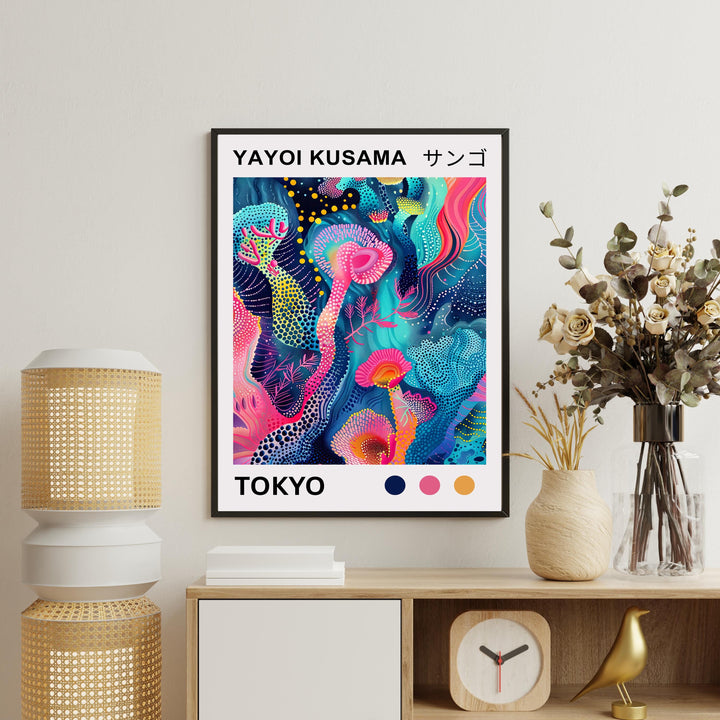Yayoi Kusama Mushroom Poster Modern Pop Art Print Japanese Abstract Nature Decor Polka Dot Fungi Artwork Bold Contemporary Wall Design