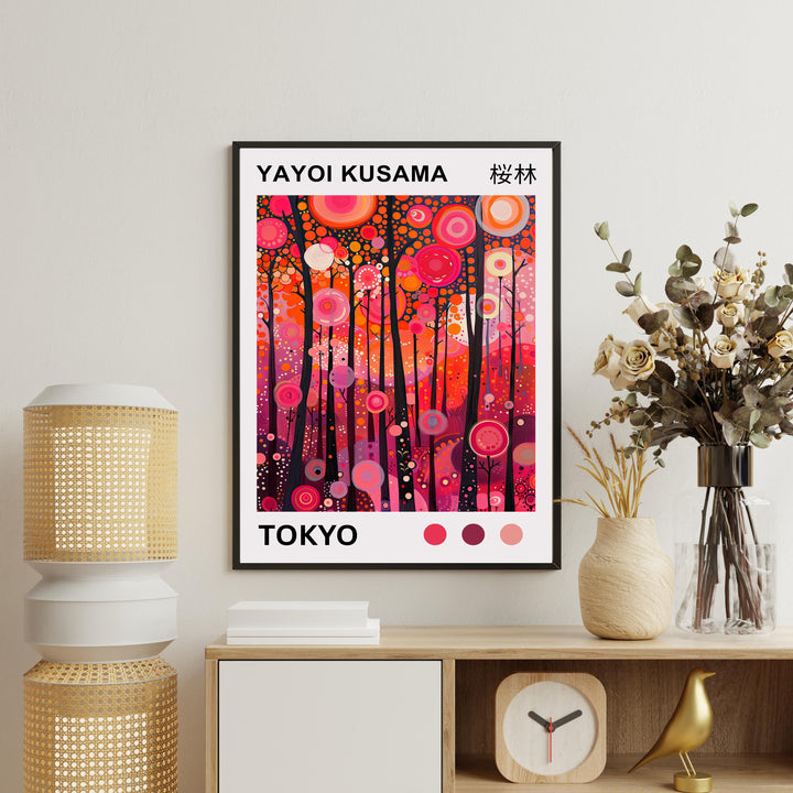 Yayoi Kusama Pink Forest Poster Modern Pop Art Print Japanese Abstract Landscape Polka Dot Nature Artwork for Contemporary Home Decor