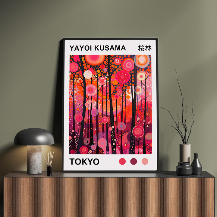 Yayoi Kusama Pink Forest Poster Modern Pop Art Print Japanese Abstract Landscape Polka Dot Nature Artwork for Contemporary Home Decor