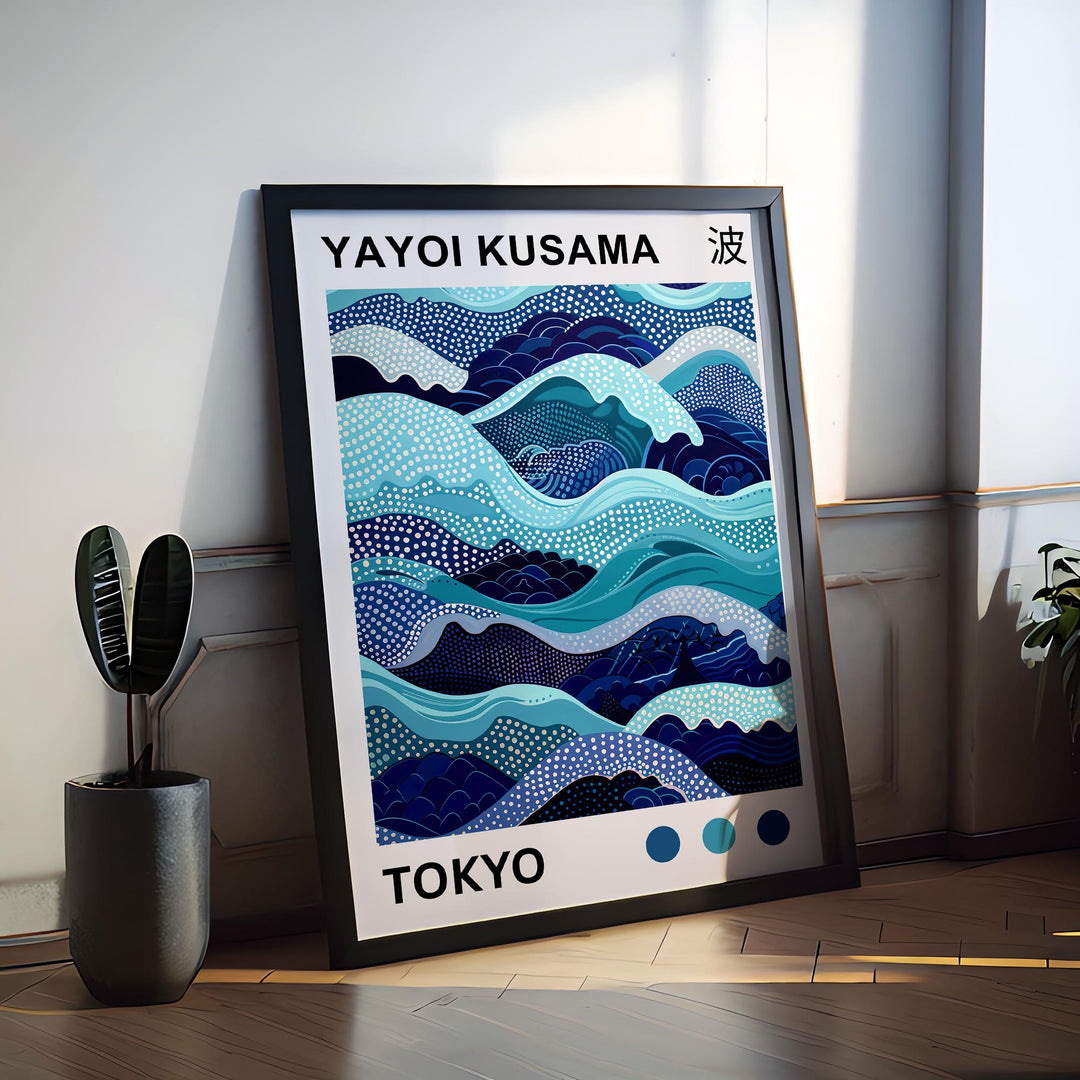 Yayoi Kusama Waves Poster Modern Pop Art Print Japanese Abstract Ocean Design Polka Dot Sea Artwork for Contemporary Coastal Home Decor