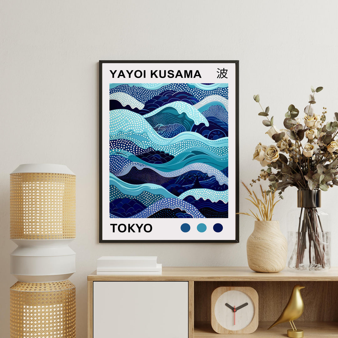 Yayoi Kusama Waves Poster Modern Pop Art Print Japanese Abstract Ocean Design Polka Dot Sea Artwork for Contemporary Coastal Home Decor