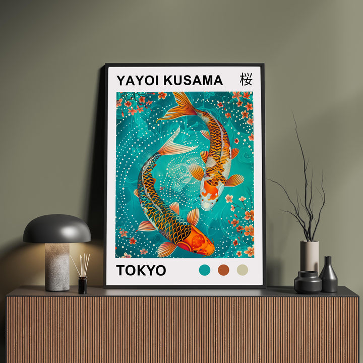 Yayoi Kusama Koi Fish Poster Modern Pop Art Print Japanese Abstract Water Design Polka Dot Pond Artwork for Contemporary Home Decor