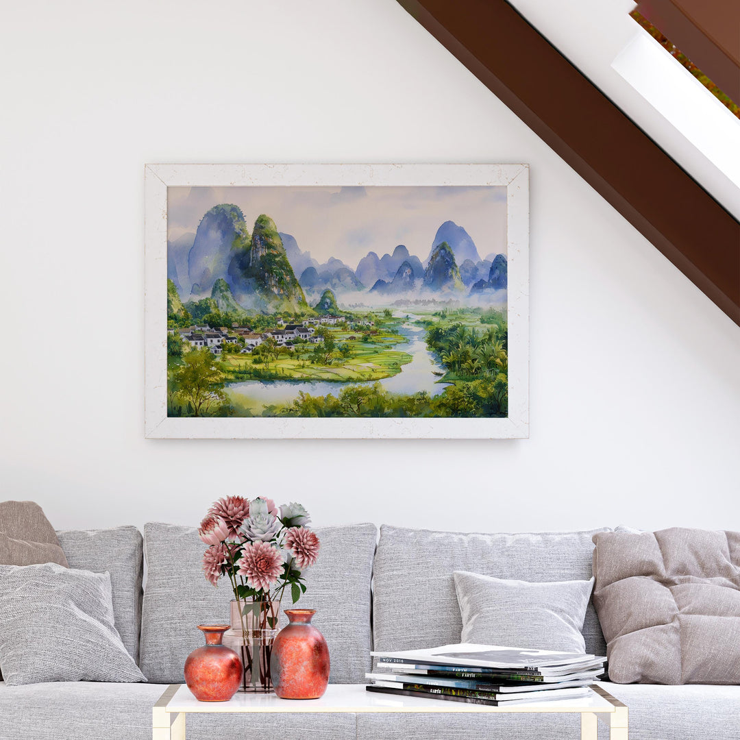 Yangshuo China Watercolor Poster Yangshuo Travel Print Karst Mountain Landscape Painting River Wall Art Souvenir