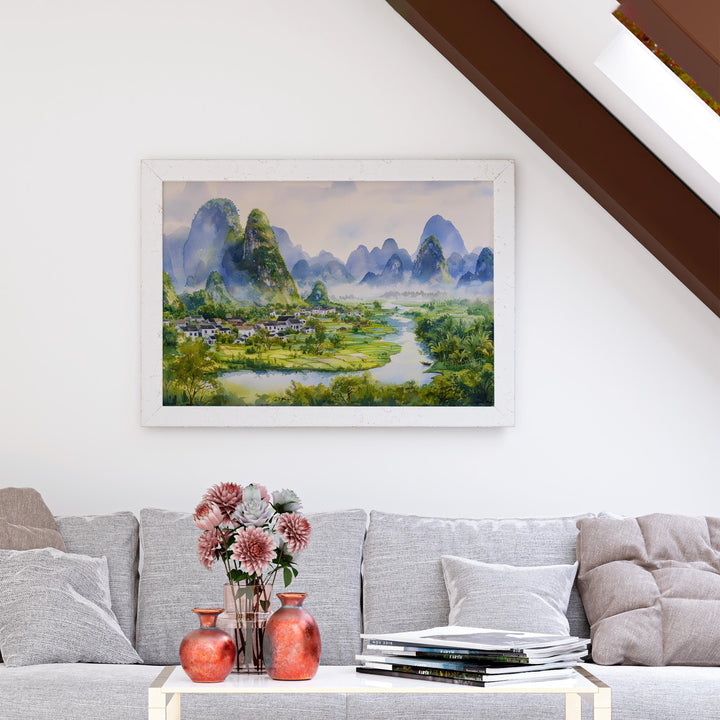 Yangshuo China Watercolor Poster Yangshuo Travel Print Karst Mountain Landscape Painting River Wall Art Souvenir