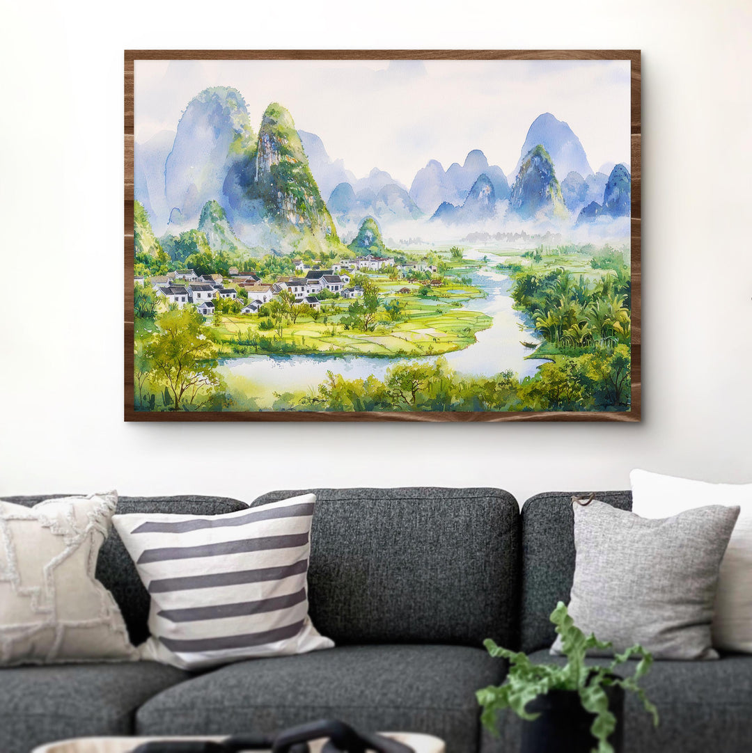Yangshuo China Watercolor Poster Yangshuo Travel Print Karst Mountain Landscape Painting River Wall Art Souvenir