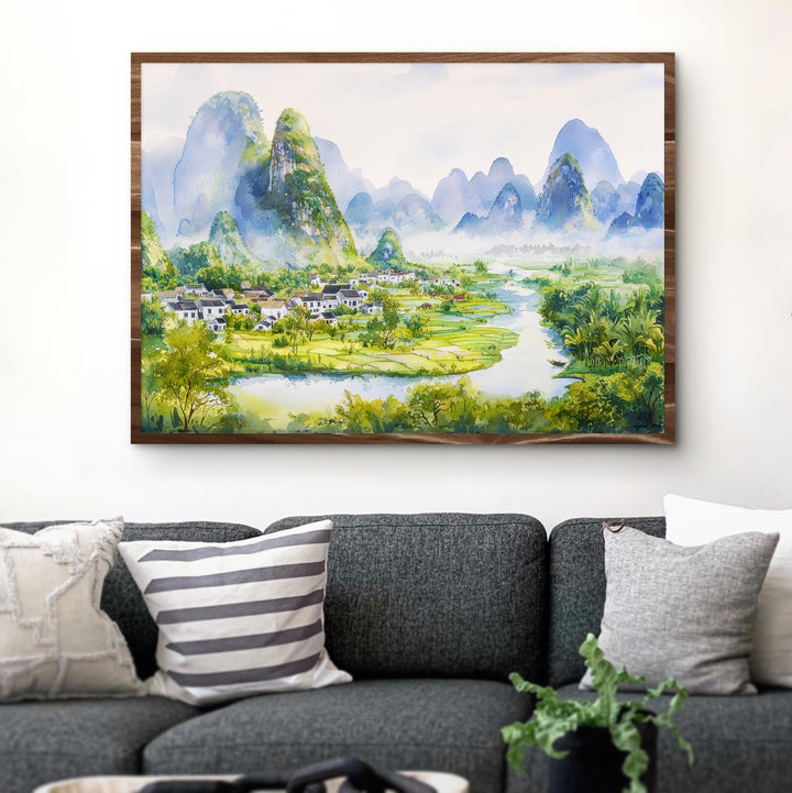 Yangshuo China Watercolor Poster Yangshuo Travel Print Karst Mountain Landscape Painting River Wall Art Souvenir