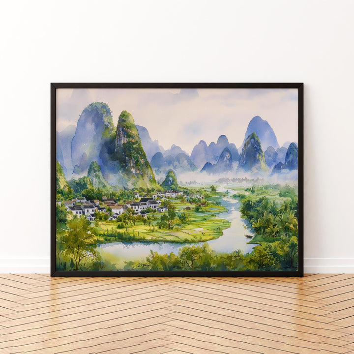 Yangshuo China Watercolor Poster Yangshuo Travel Print Karst Mountain Landscape Painting River Wall Art Souvenir