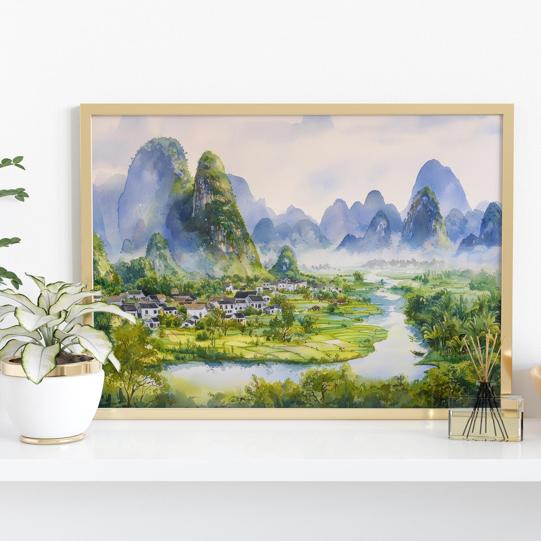 Yangshuo China Watercolor Poster Yangshuo Travel Print Karst Mountain Landscape Painting River Wall Art Souvenir