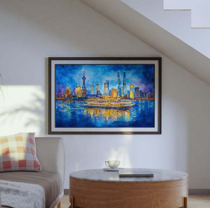 Shanghai China Watercolor Poster Shanghai Travel Print City Skyline Painting Bund River Wall Art Souvenir