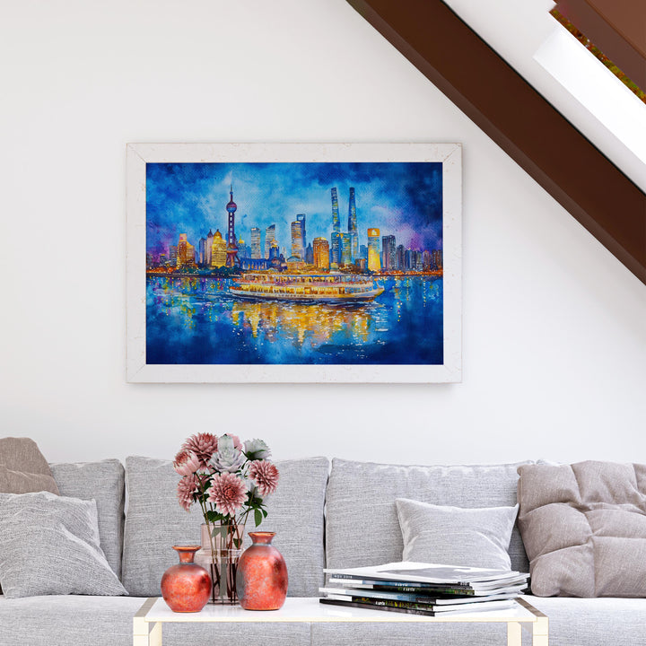 Shanghai China Watercolor Poster Shanghai Travel Print City Skyline Painting Bund River Wall Art Souvenir