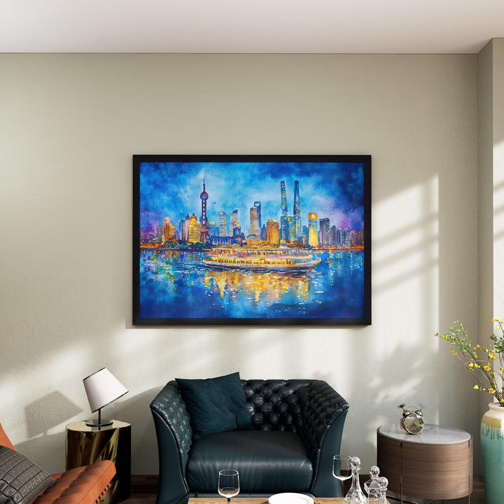 Shanghai China Watercolor Poster Shanghai Travel Print City Skyline Painting Bund River Wall Art Souvenir